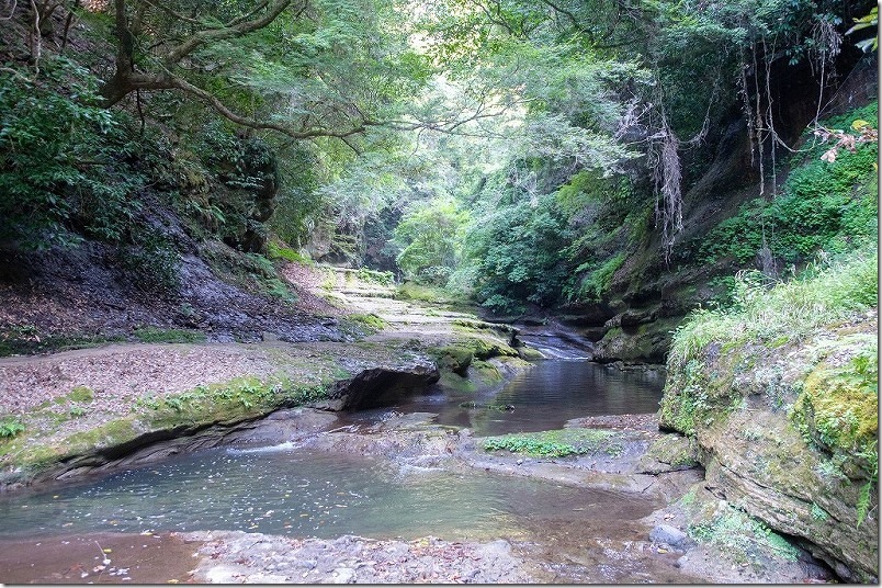 東椎屋の滝に向かう渓谷沿いを散策。夏も涼しい